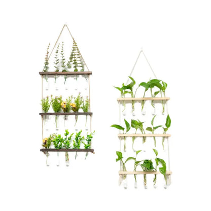 Layered Solid Wood Hydroponic Glass Vase Wall Decor