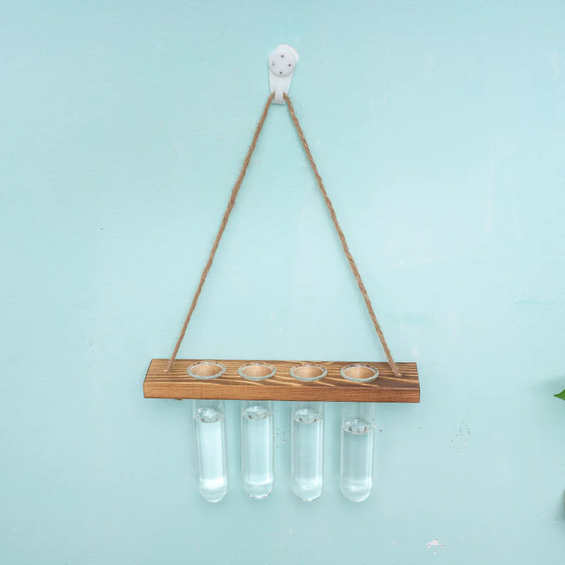 Layered Solid Wood Hydroponic Glass Vase Wall Decor